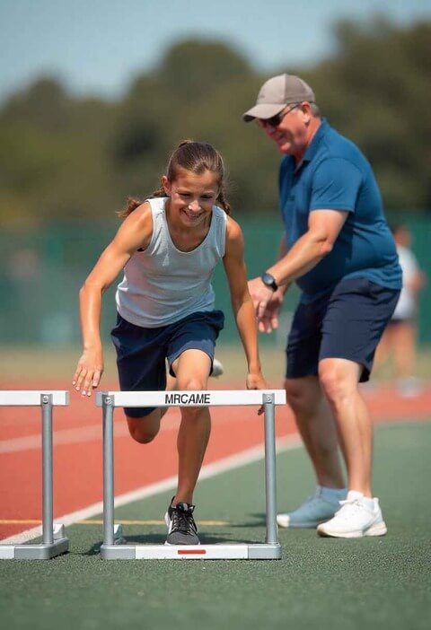 Antrenörün mini engellerde genç sporcuya rehberlik ettiği görüntü