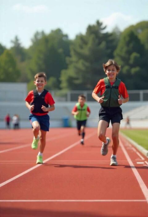 Koşu pistinde antrenörün zaman tuttuğu çocuk sprinti